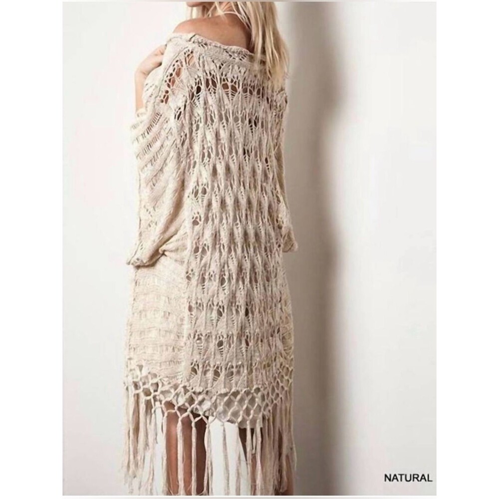 Open Knit Kimono Cardigan Fringe Boho Festival Cream Crochet M/L